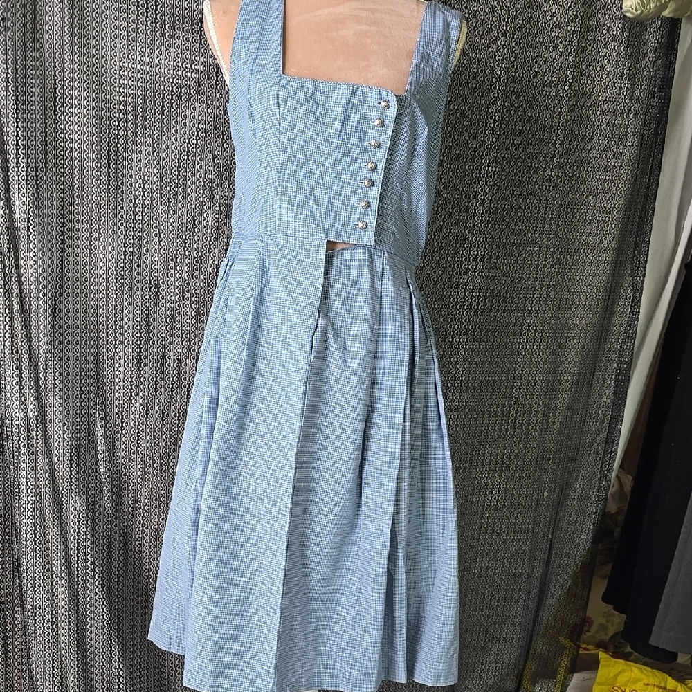 Vintage Blue Checkered Derndl  Sleeveless Dress Size 40
